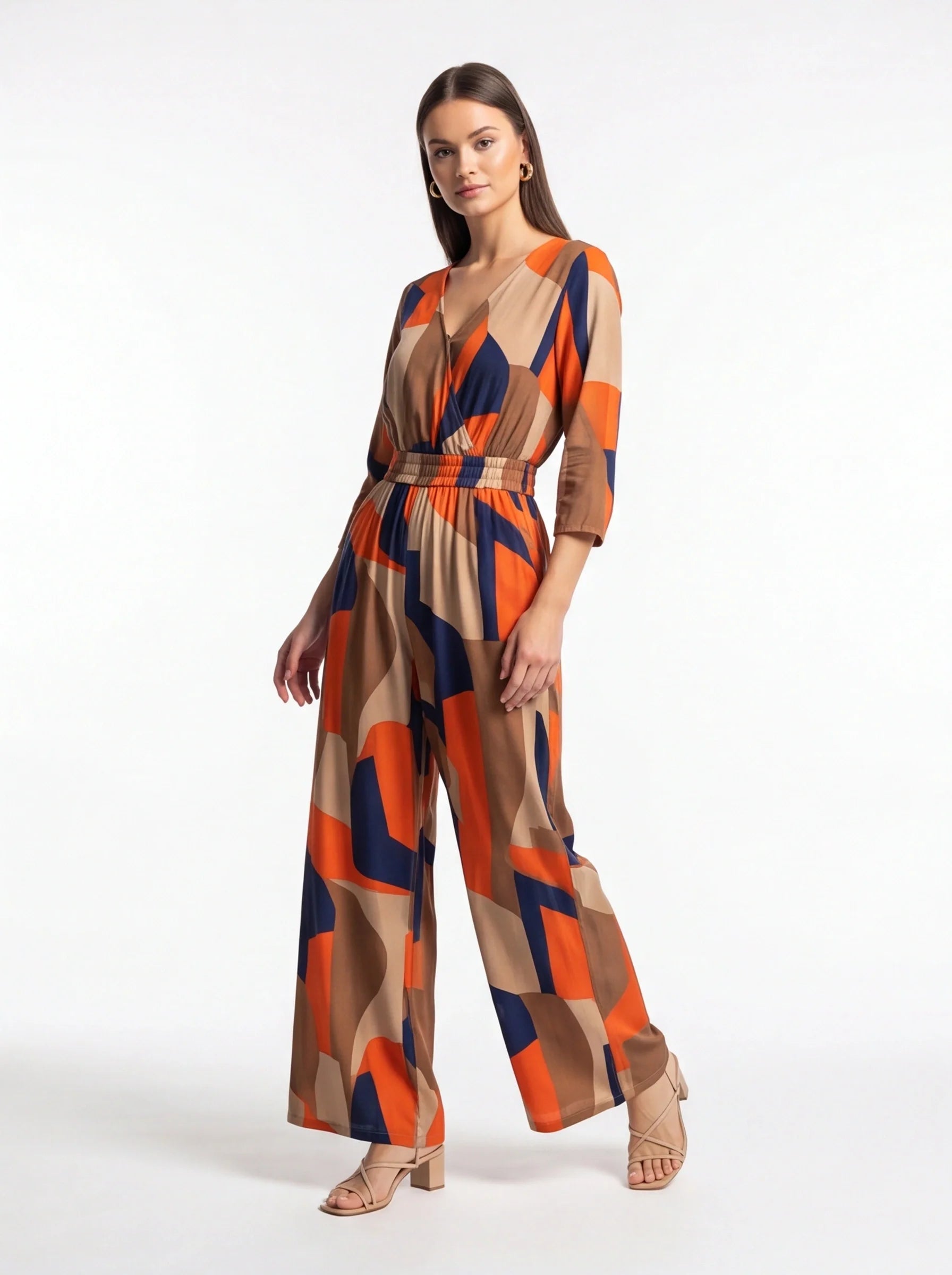Chic Colorblock Geometric Jumpsuit with Belted Waist and Pockets