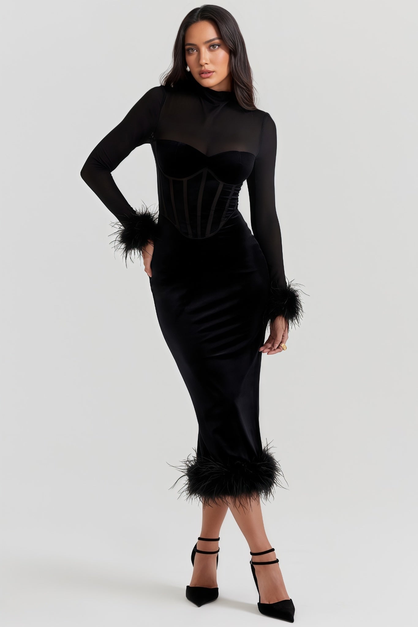 Kaci Black Velvet Midi Dress - View 3