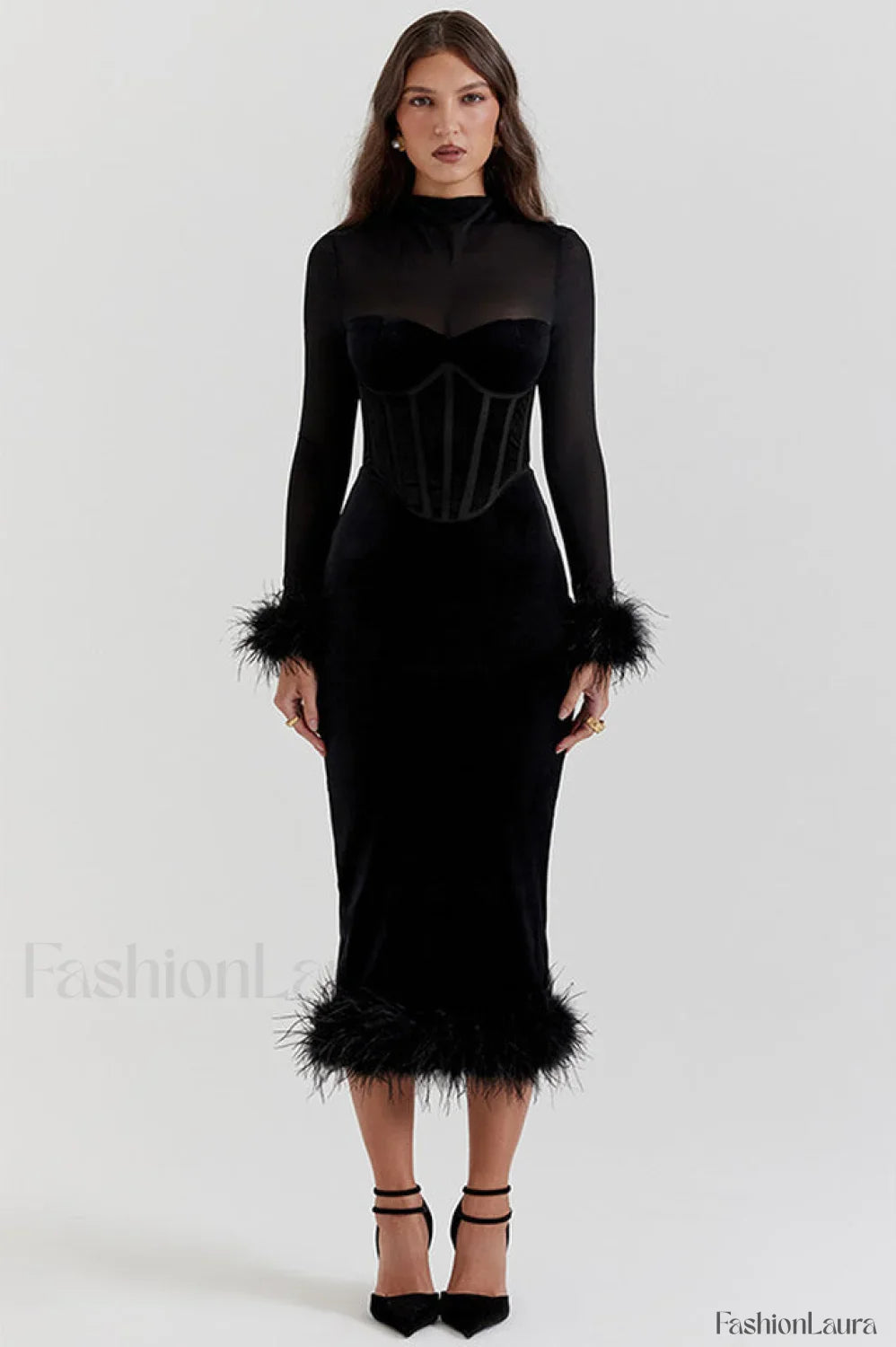 Lianna Black Stylish Velvet Midi Dress