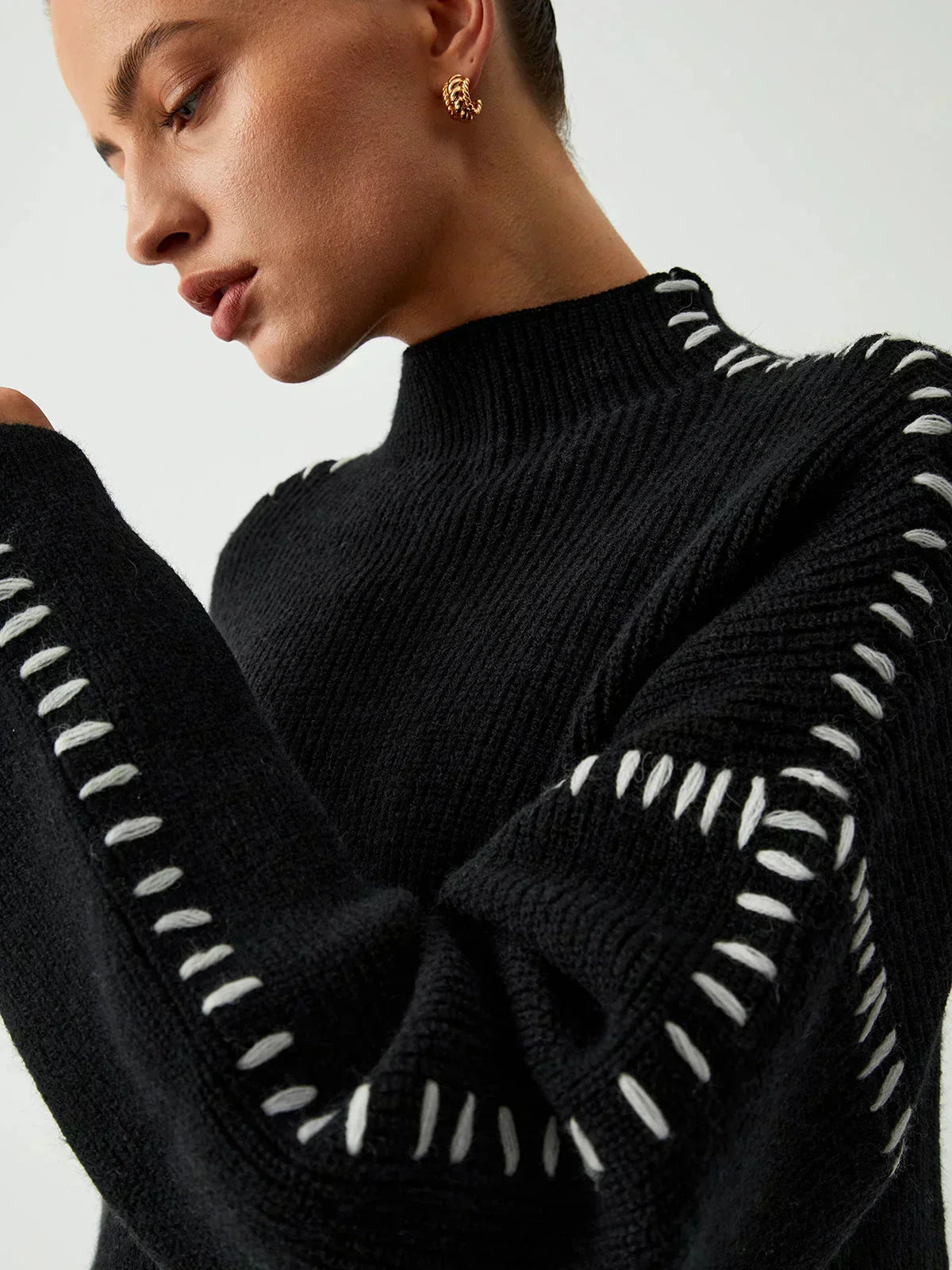 Mock Neck Whipstitch Trim Drop Shoulder Sweater