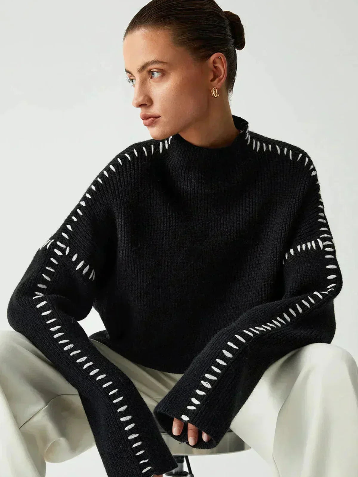 Mock Neck Whipstitch Trim Drop Shoulder Sweater