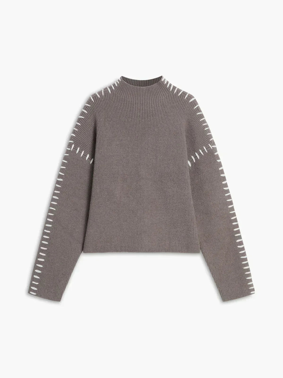 Mock Neck Whipstitch Trim Drop Shoulder Sweater