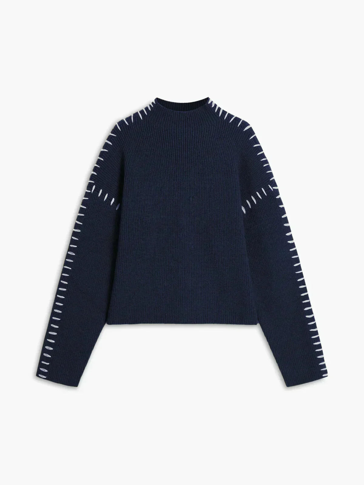 Mock Neck Whipstitch Trim Drop Shoulder Sweater