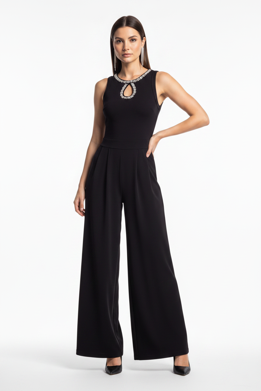 Elegant Pleated Wide-Leg Jumpsuit with Adjustable Waist & Pockets