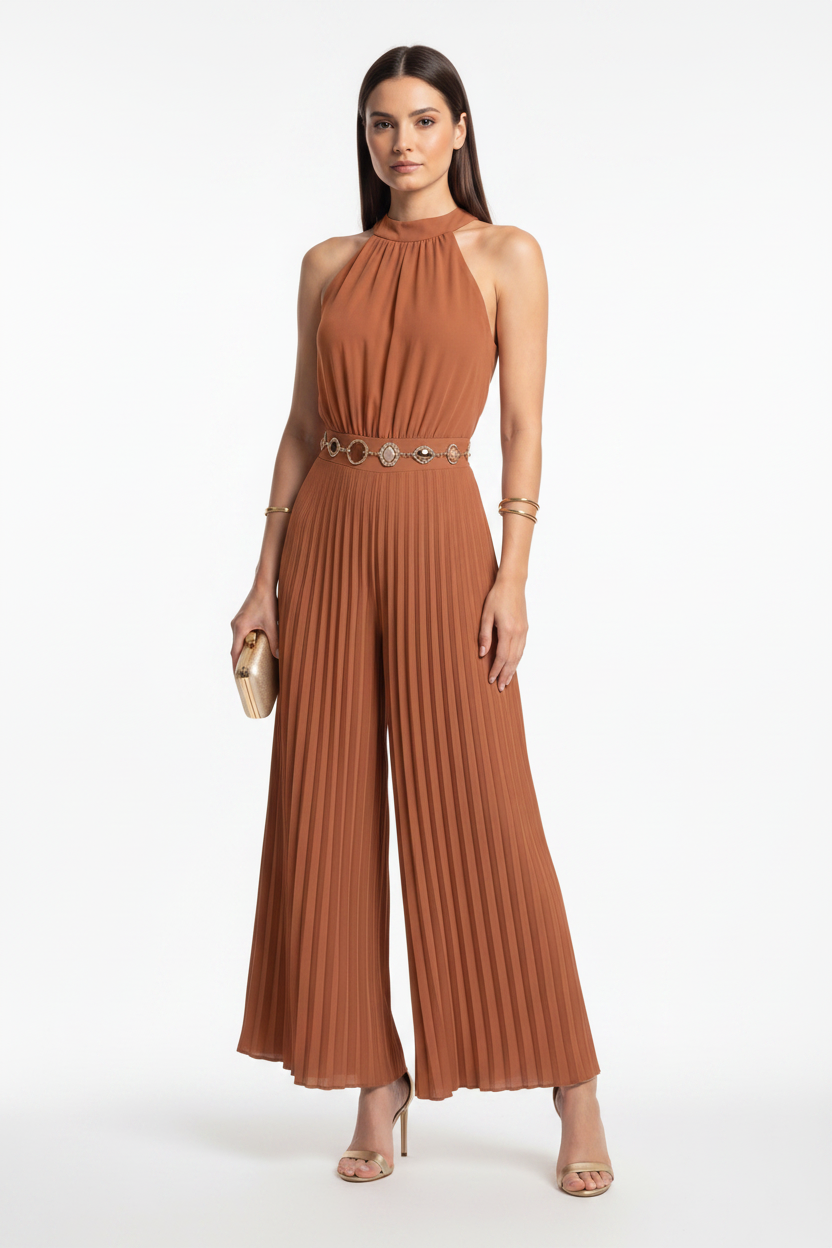 Elegant Pleated Wide-Leg Jumpsuit with Adjustable Straps & Pockets