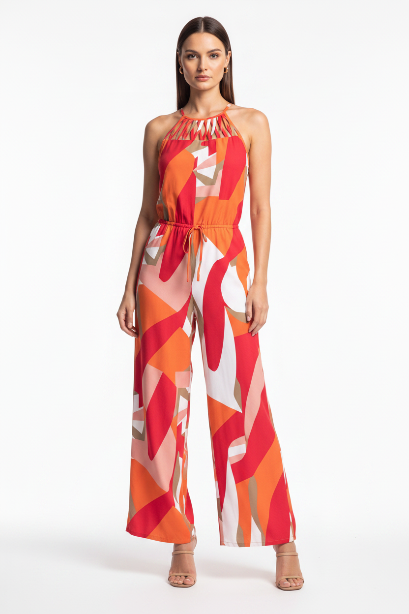 Stylish Geometric Print Halter Jumpsuit with Adjustable Straps & Pocket