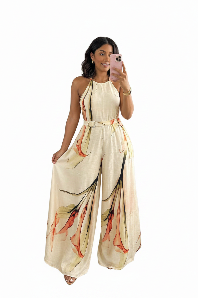 Elegant Floral Print Wide Leg Jumpsuit with Pockets & Adjustable Strap