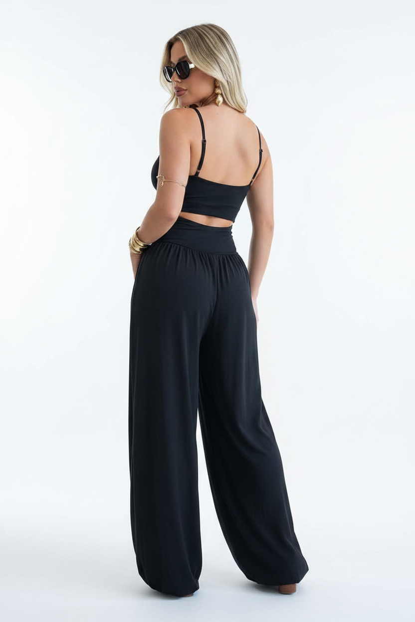 Elegant Backless Summer Jumpsuit with Adjustable Straps & Wide Leg