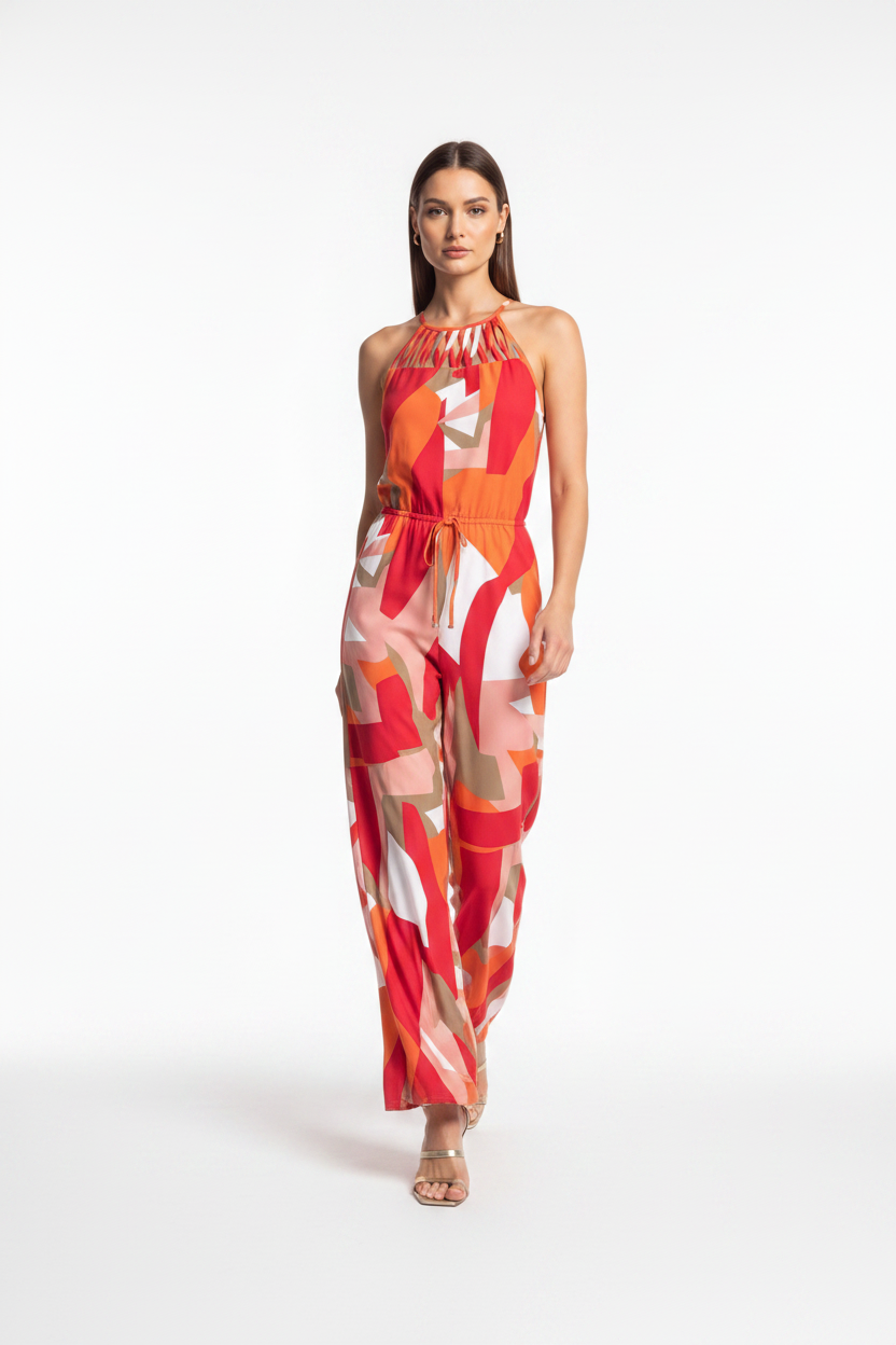 Stylish Geometric Print Halter Jumpsuit with Adjustable Straps & Pocket