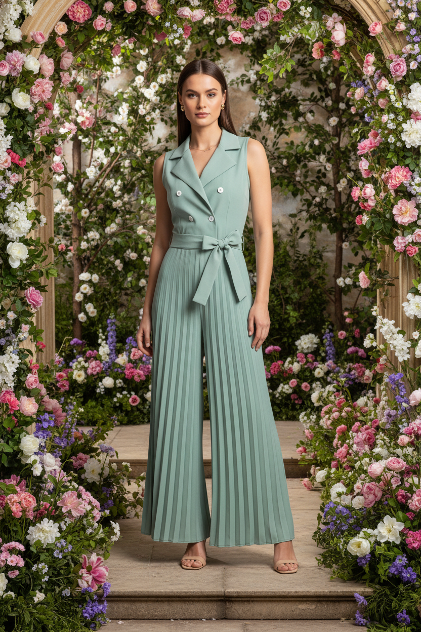 Elegant Tailored Wide-Leg Jumpsuit with Pockets & Adjustable Straps