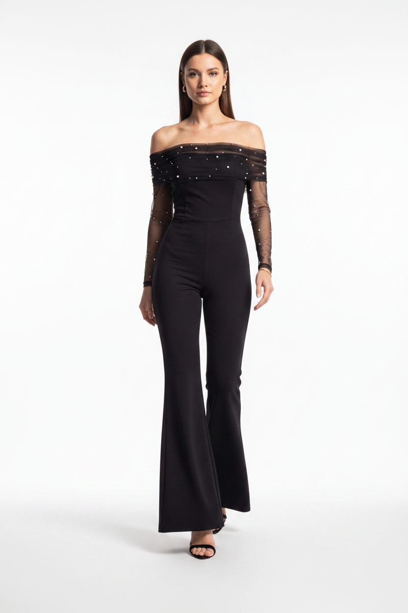 Elegant Sheer Off-Shoulder Jumpsuit with Flattering Fit & Flowing Desi