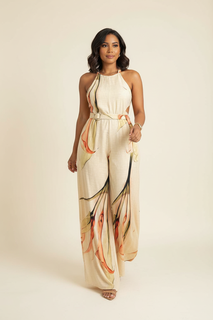 Elegant Floral Print Wide Leg Jumpsuit with Pockets & Adjustable Strap