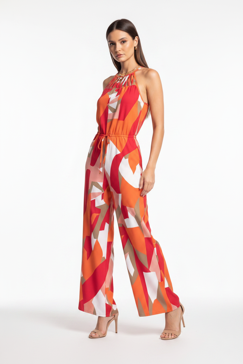 Stylish Geometric Print Halter Jumpsuit with Adjustable Straps & Pocket