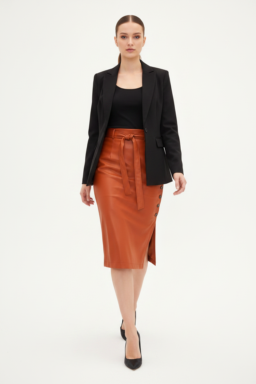 Black Midi Skirt Sleek Pencil Silhouette High Waisted Everyday Work Texture PU Leather