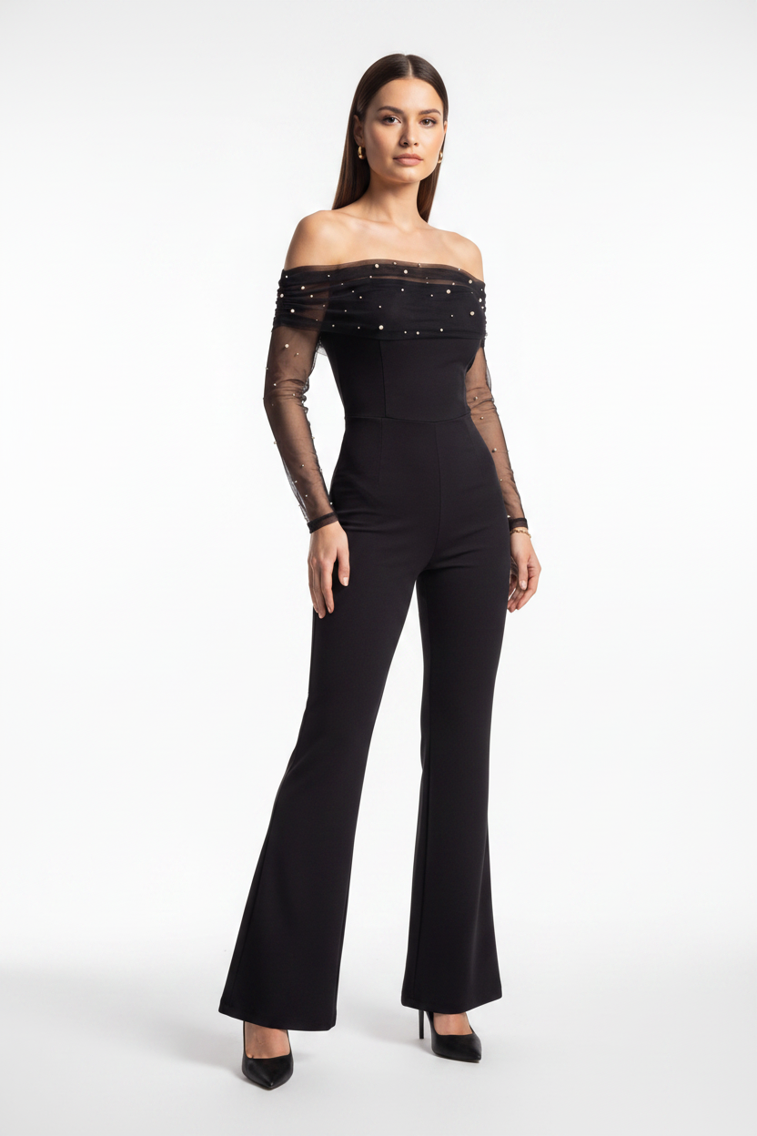 Elegant Sheer Off-Shoulder Jumpsuit with Flattering Fit & Flowing Desi