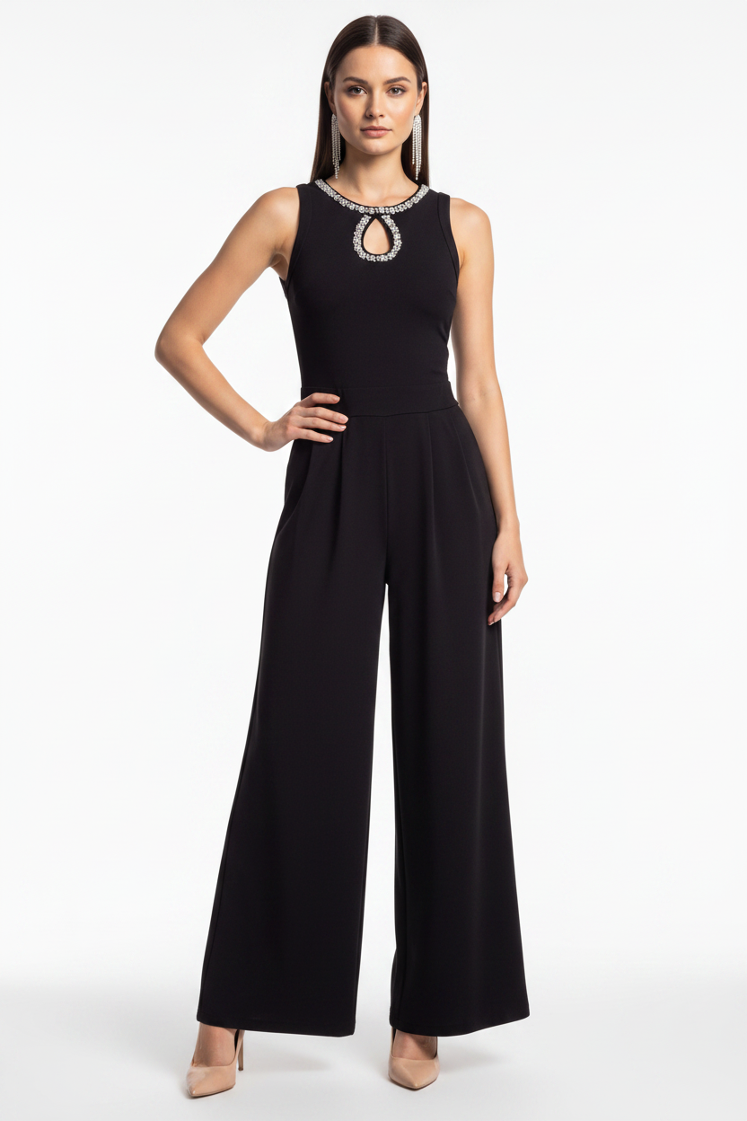 Elegant Pleated Wide-Leg Jumpsuit with Adjustable Waist & Pockets