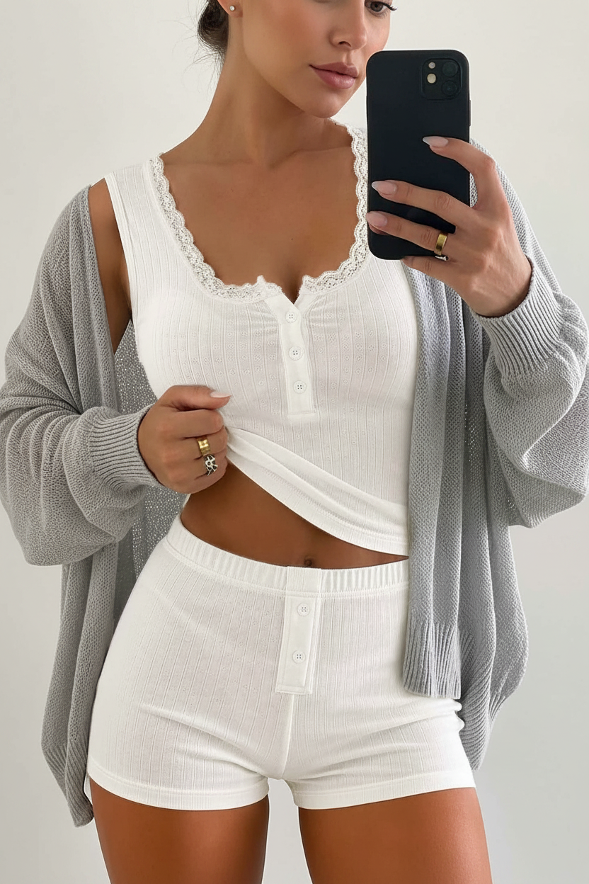 Elegant Women's Loungewear Set | Lace Trim & Soft Breathable Fabric