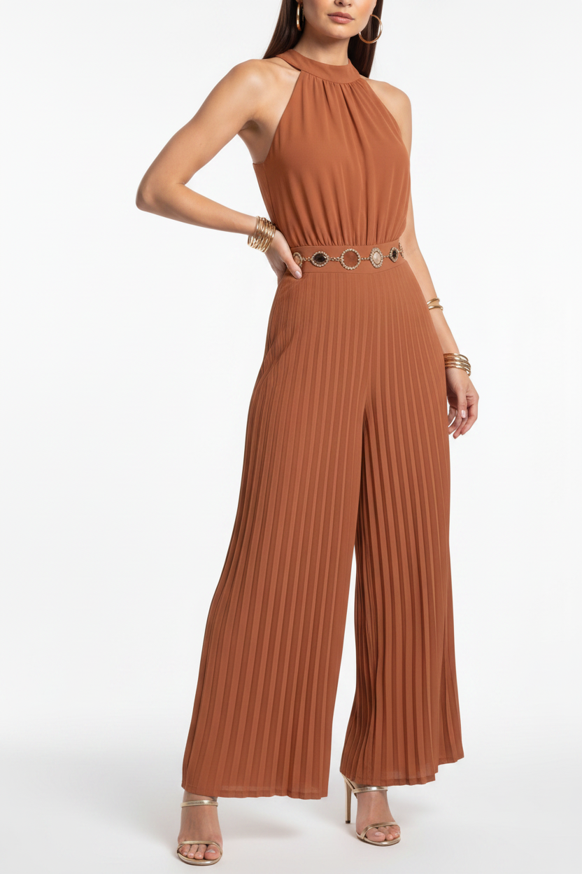Elegant Pleated Wide-Leg Jumpsuit with Adjustable Straps & Pockets