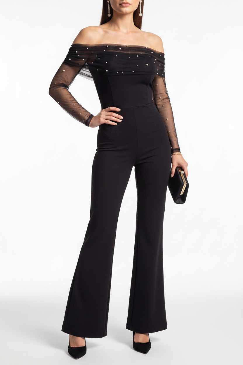 Elegant Sheer Off-Shoulder Jumpsuit with Flattering Fit & Flowing Desi