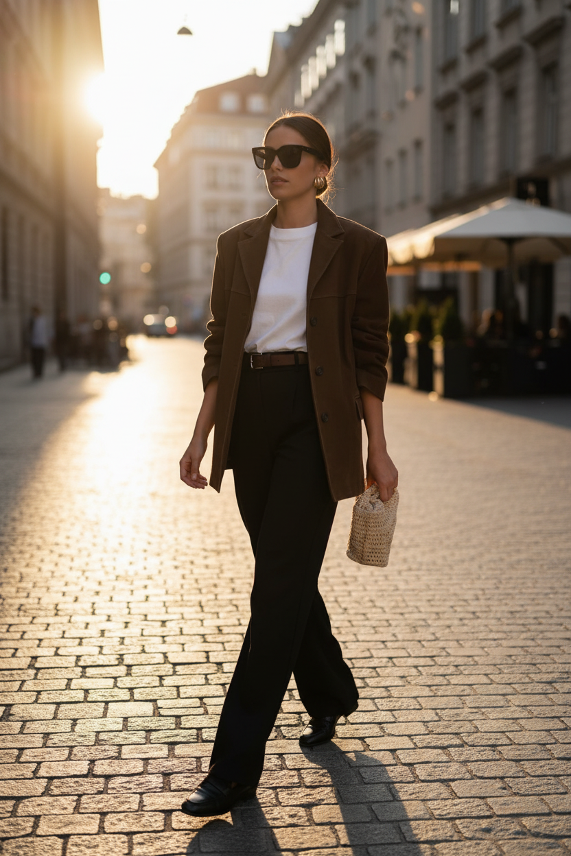 Elegant Brown Tailored Blazer with Padded Shoulders and Slim Fit
