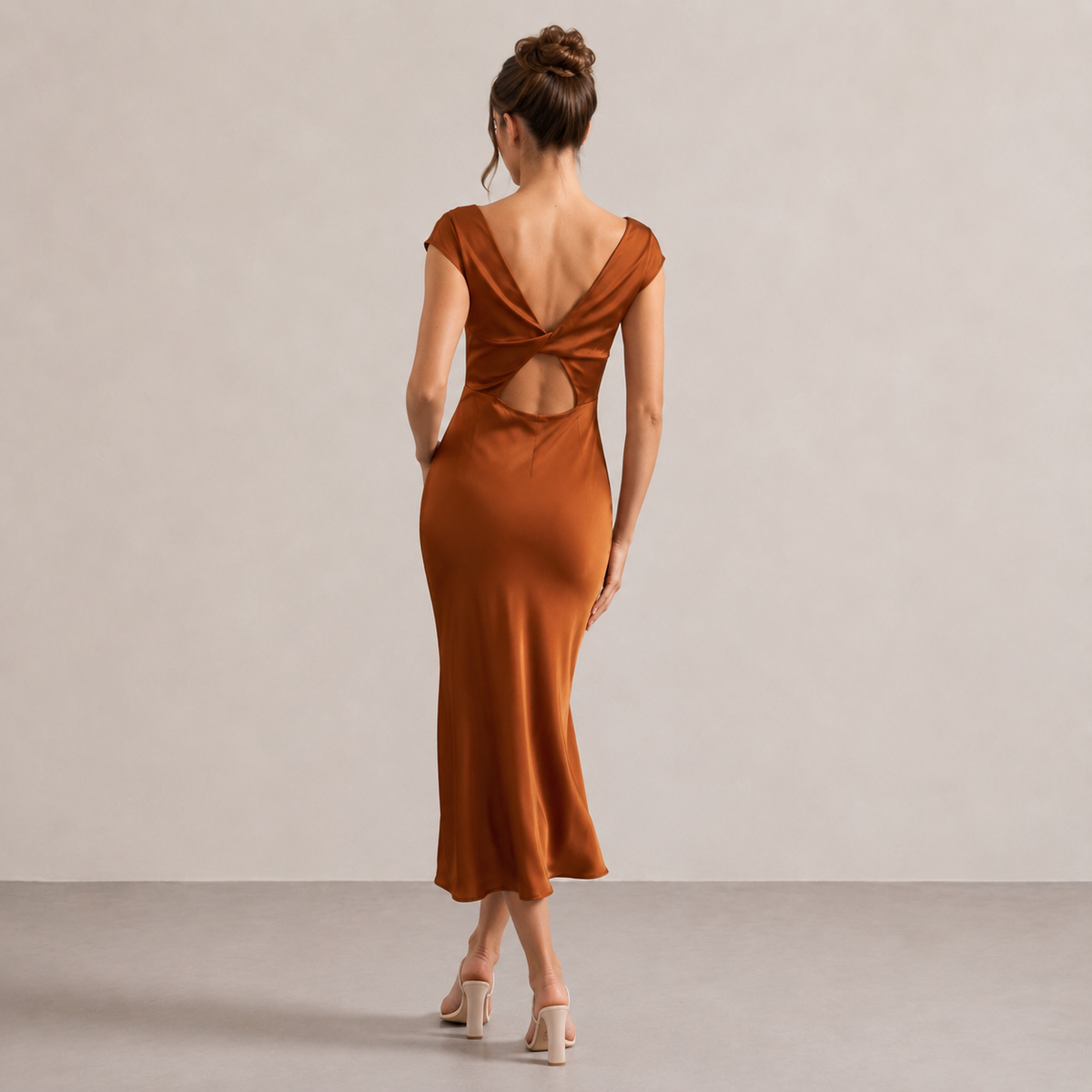 Satin Cowl Neck Cap Sleeve High Split Midi Dress 18