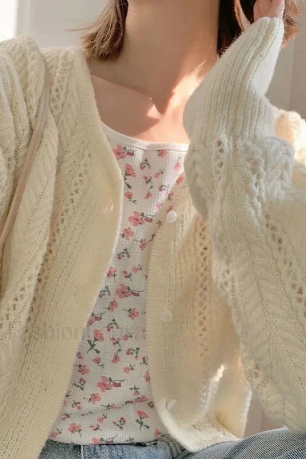 Lightweight Hollow Knit Vest Cardigan Beige / One Size