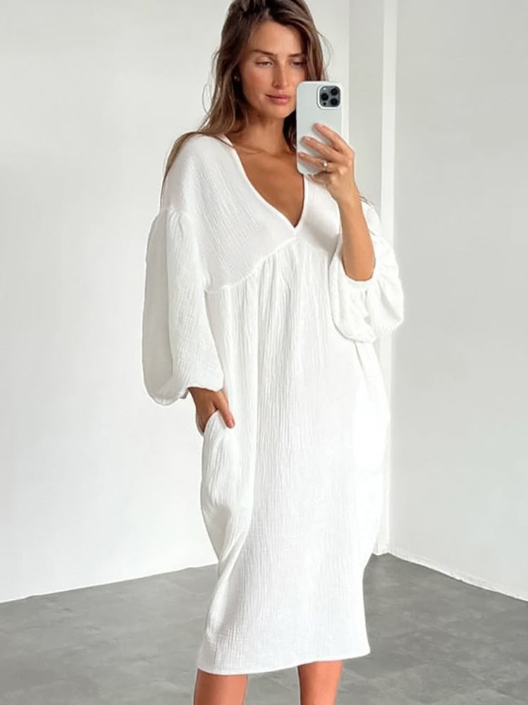 Deep V-Neck Long Balloon Sleeve Empire Waist Crinkle Gauze Midi Dress