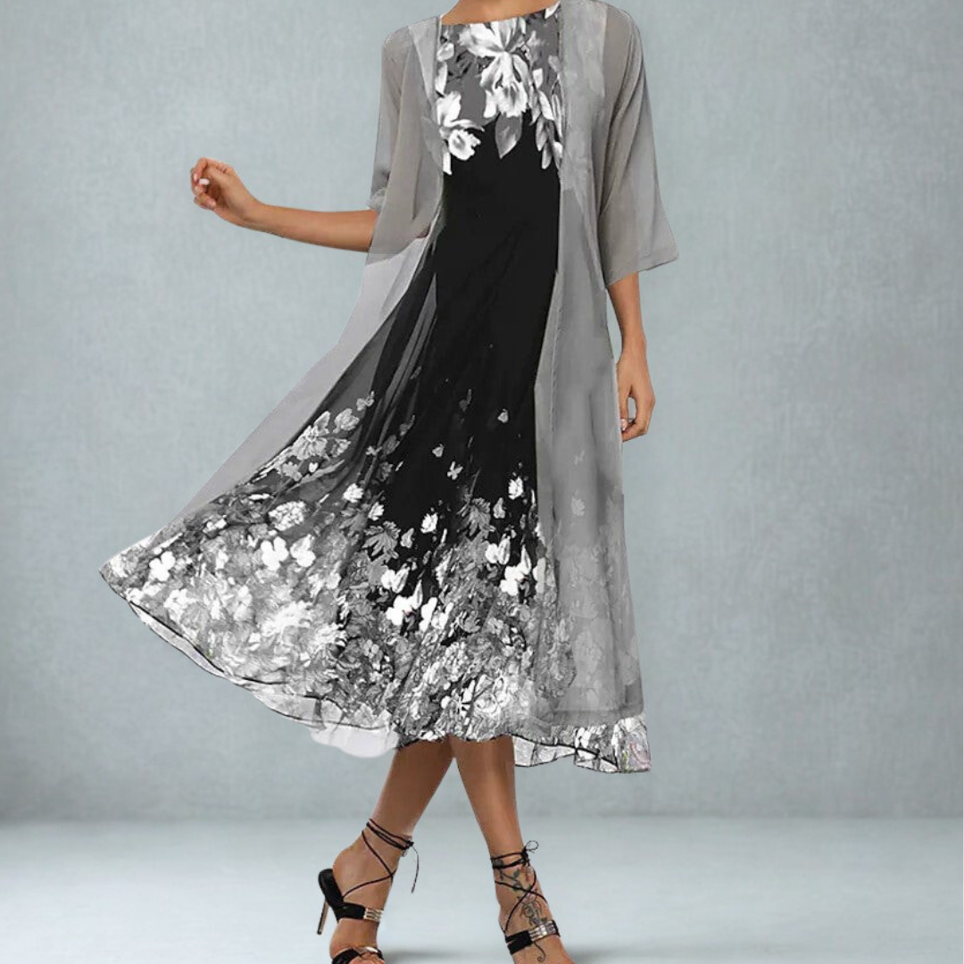 Floral Round Neck Half Sleeve Chiffon Two Piece Set 2