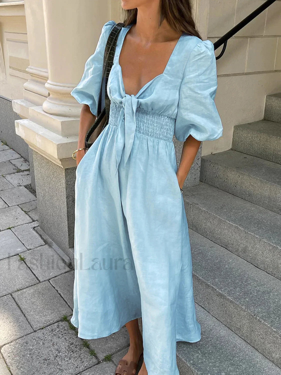 Linen Cotton Front Tie Midi Dress Blue / XS Dresses