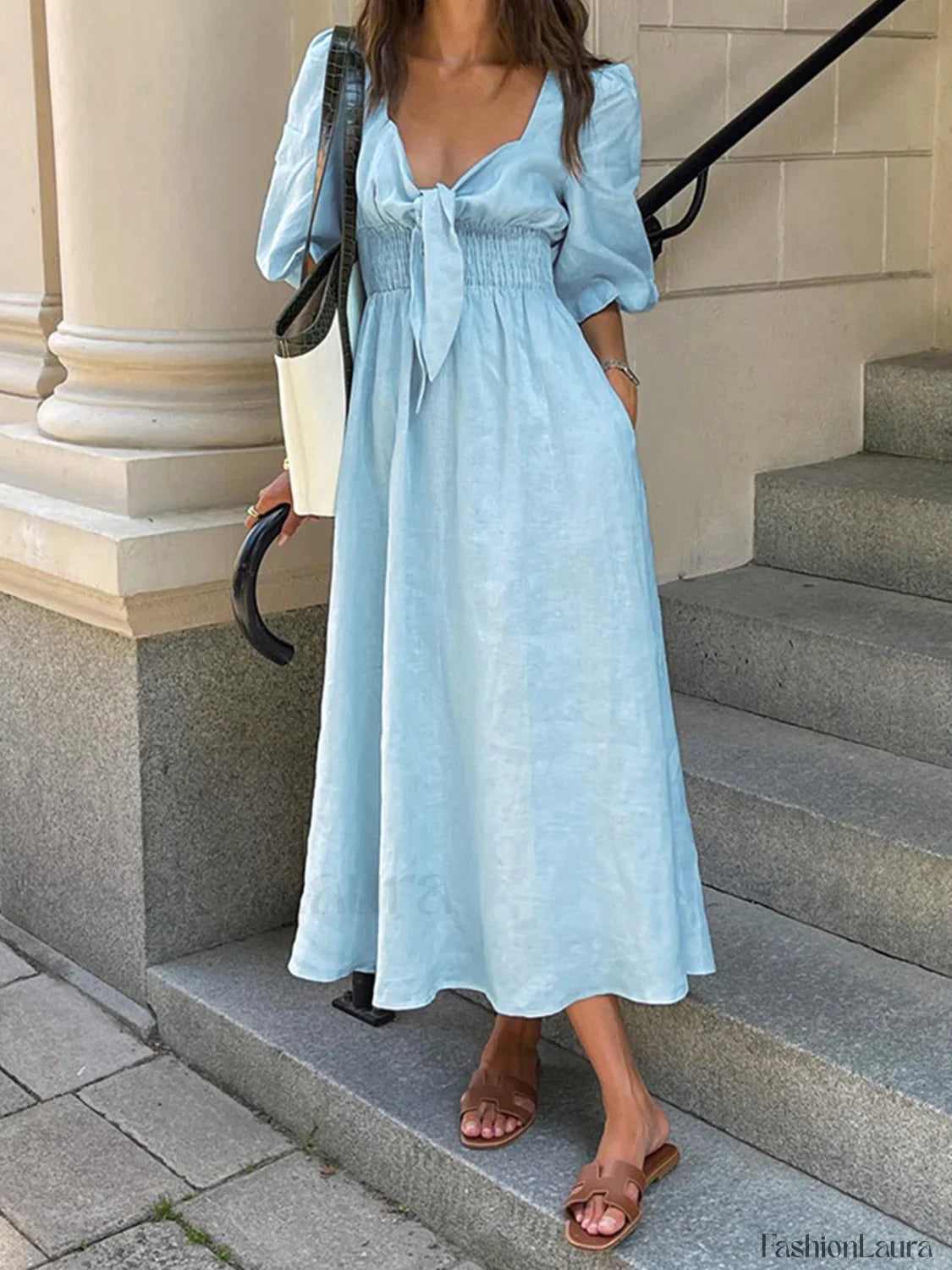 Linen Cotton Front Trendy Tie Midi Dress