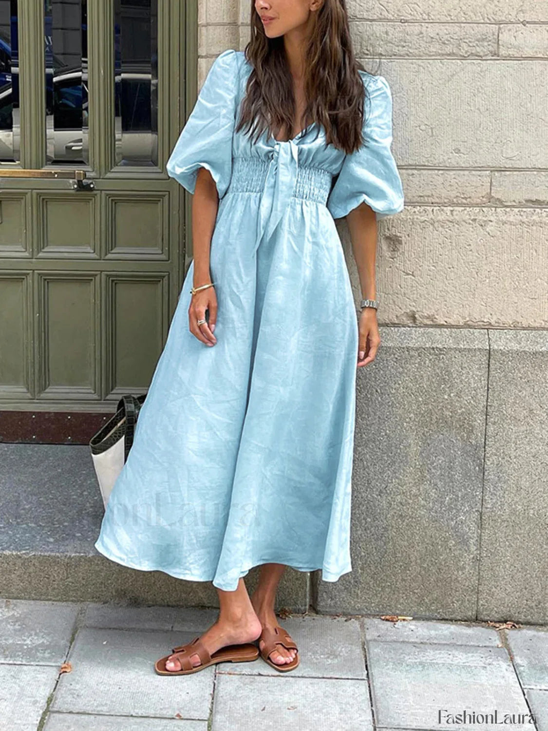 Linen Cotton Front Trendy Tie Midi Dress