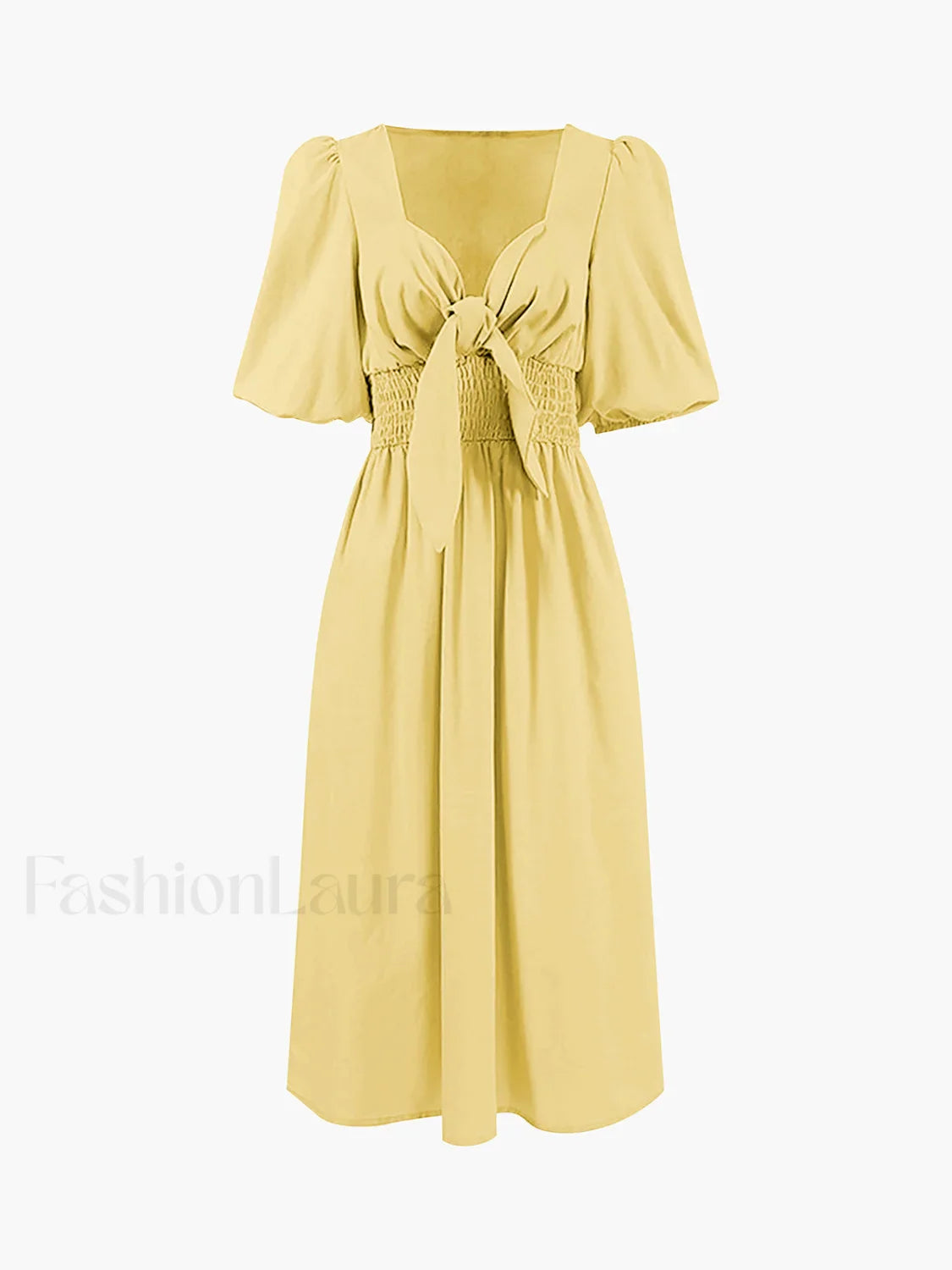 Linen Cotton Front Trendy Tie Midi Dress Yellow / XS Dresses