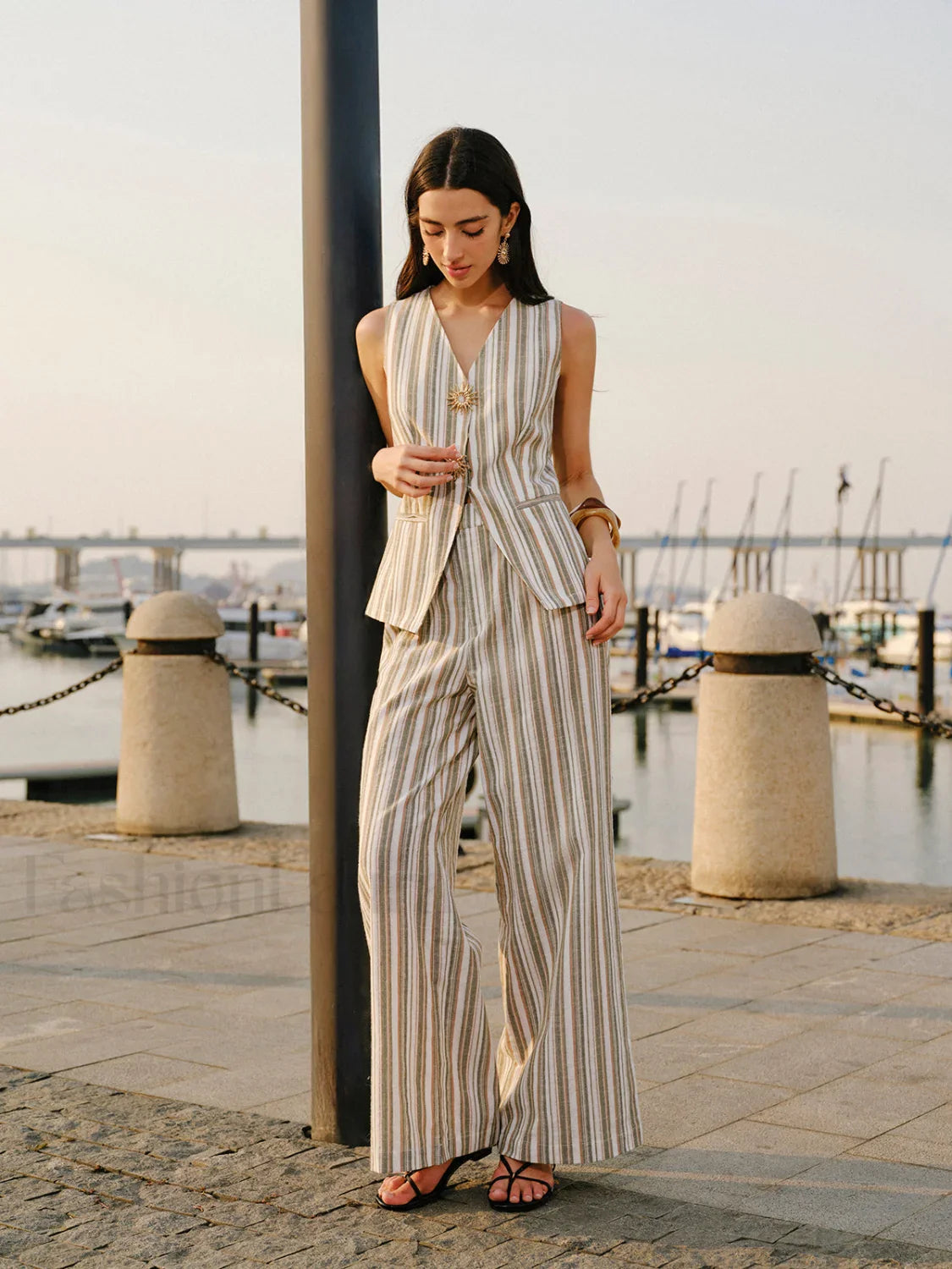 Linen & Cotton Metal Detail V- Neck Striped Vest