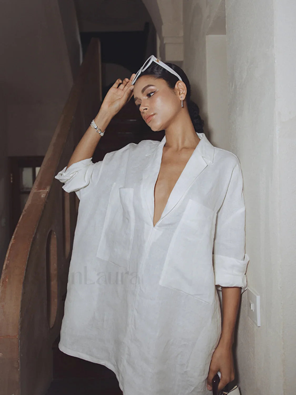 Linen Pockets Semi-Sheer Long Sleeve Dress