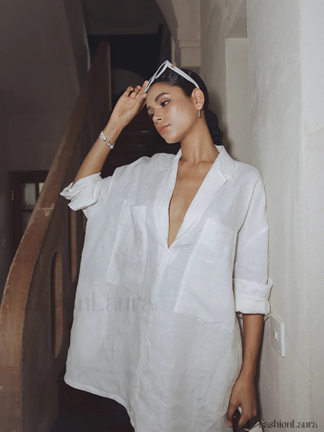 Linen Pockets Semi-Sheer Long Sleeve Dress