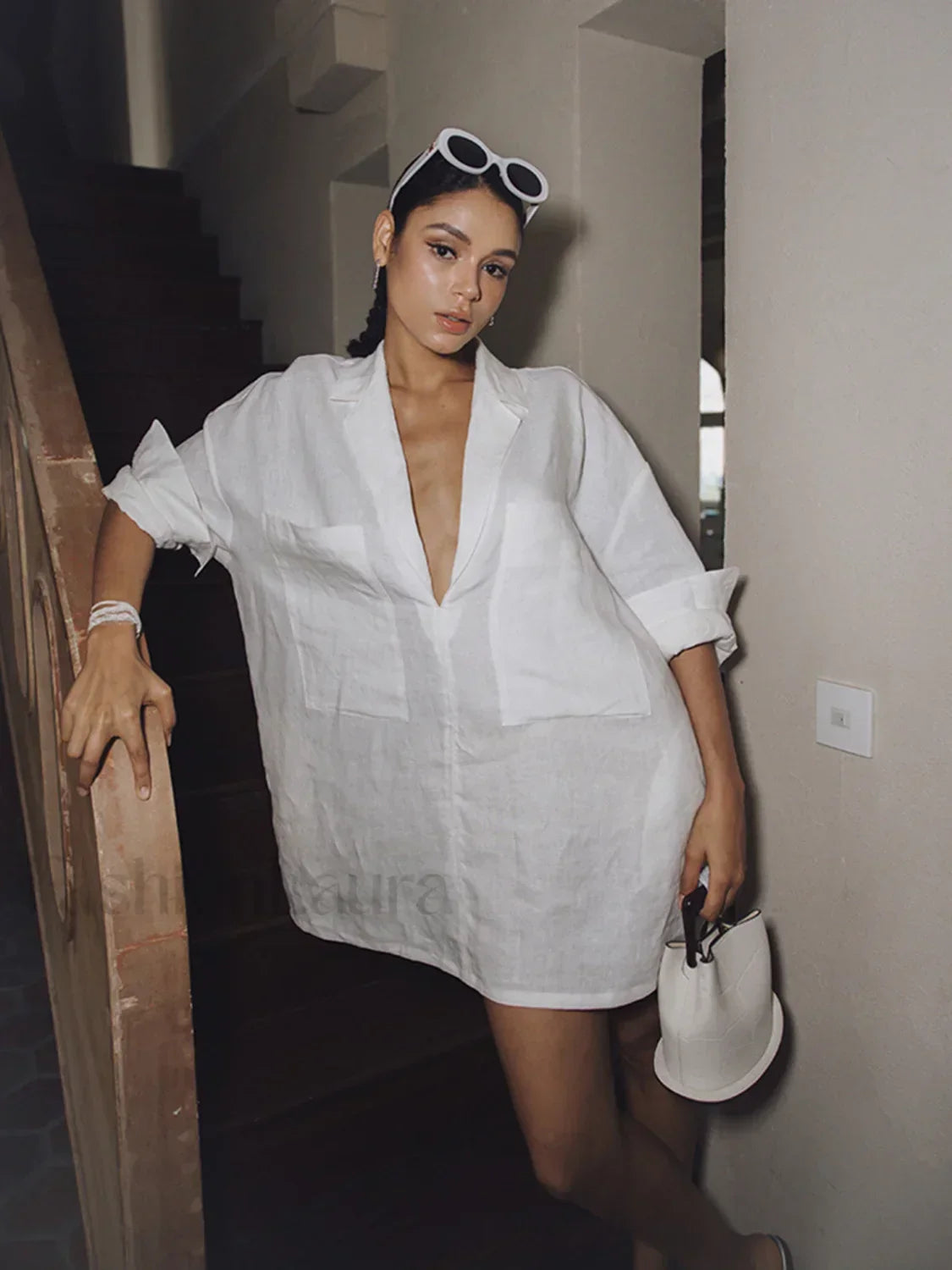 Linen Pockets Semi Sheer Long Sleeve Dress White / XS Dresses