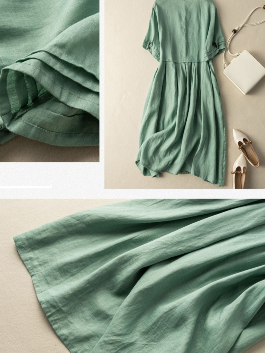 Ramie Linen Round Neck Shirt Dress Short Sleeve