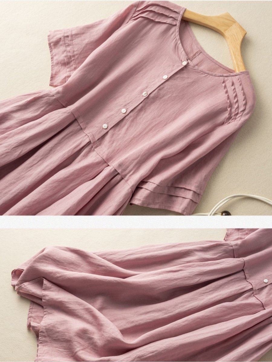 Ramie Linen Round Neck Shirt Dress Short Sleeve