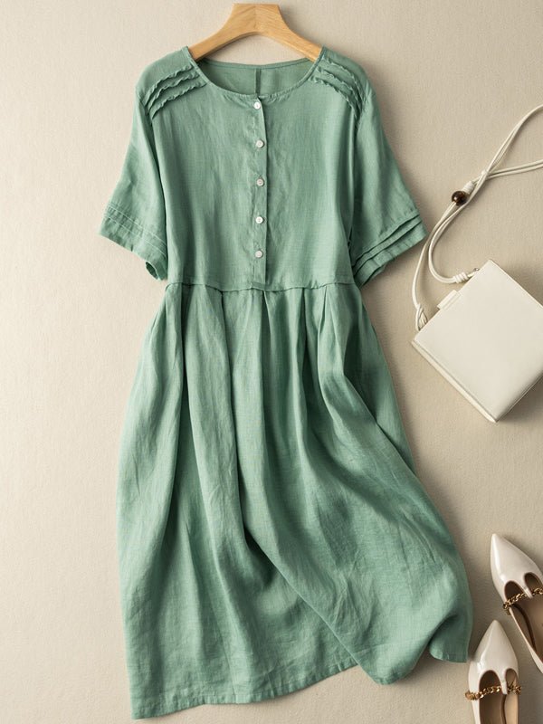Ramie Linen Round Neck Shirt Dress Short Sleeve - Omychic
