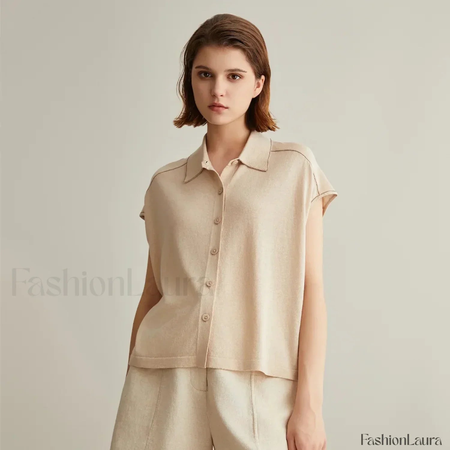 Linen Silk Polo Knitted Cardigan T-Shirt