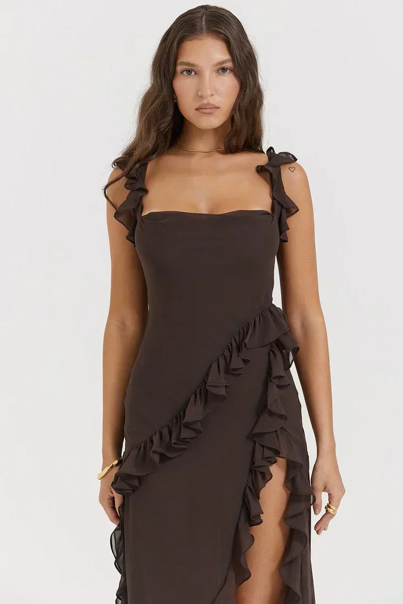 Chiffon Cowl Square Neck Ruffle Strap Cascading Ruffle High Split Maxi Dress 8