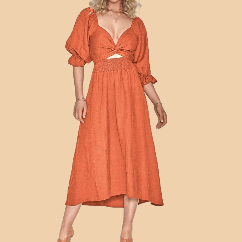 Smocked Off Shoulder Puff Sleeve Ruffle Cuff Flowy Summer Midi Dress
