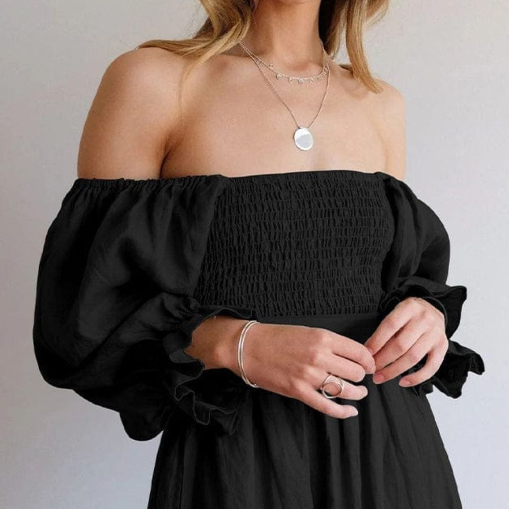 Smocked Off Shoulder Puff Sleeve Ruffle Cuff Flowy Summer Midi Dress