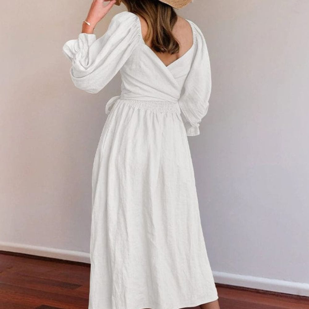 Smocked Off Shoulder Puff Sleeve Ruffle Cuff Flowy Summer Midi Dress