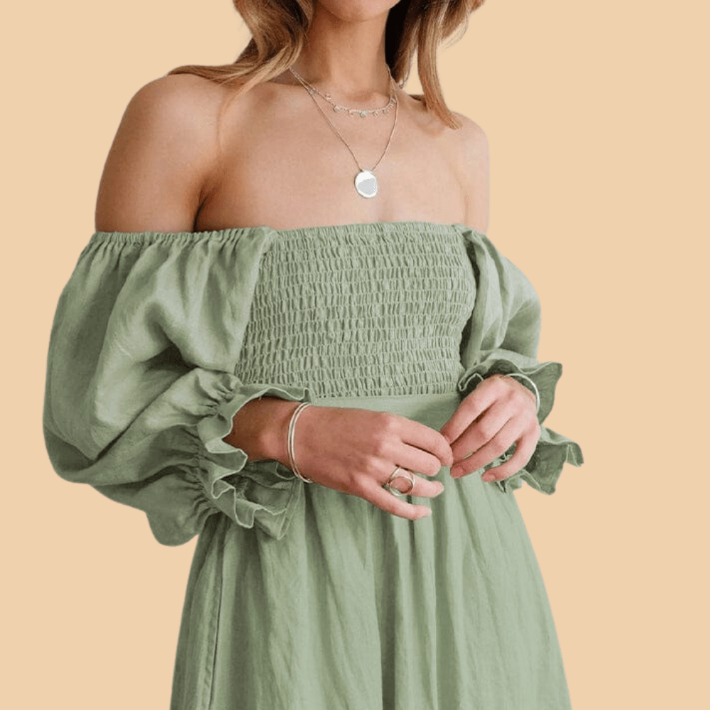 Smocked Off Shoulder Puff Sleeve Ruffle Cuff Flowy Summer Midi Dress