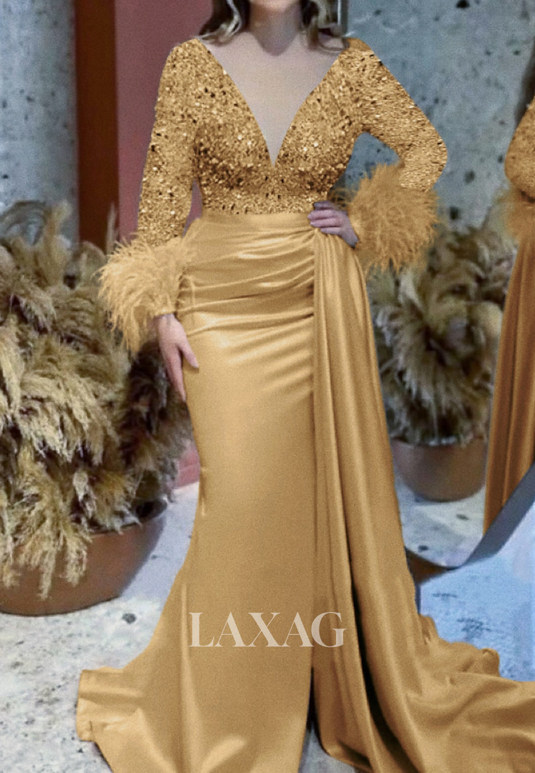 Deep V-Neck Long Sleeves Sequined Beaded Fringed Pleated Mermaid Prom Dress with Sweep Train