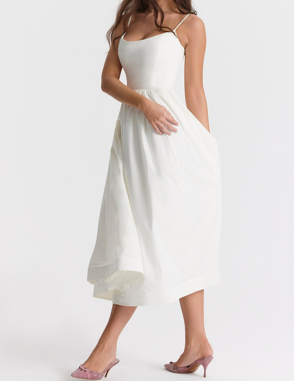 Spaghetti Strap Square Neck Gathered Waist Fit and Flare Midi Dress