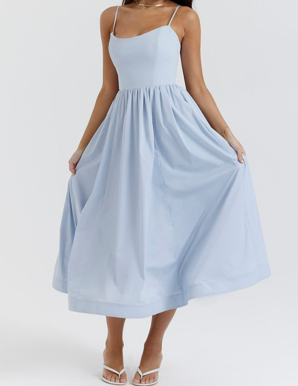 Spaghetti Strap Scoop Neck Seamed Bodice A-Line Midi Dress