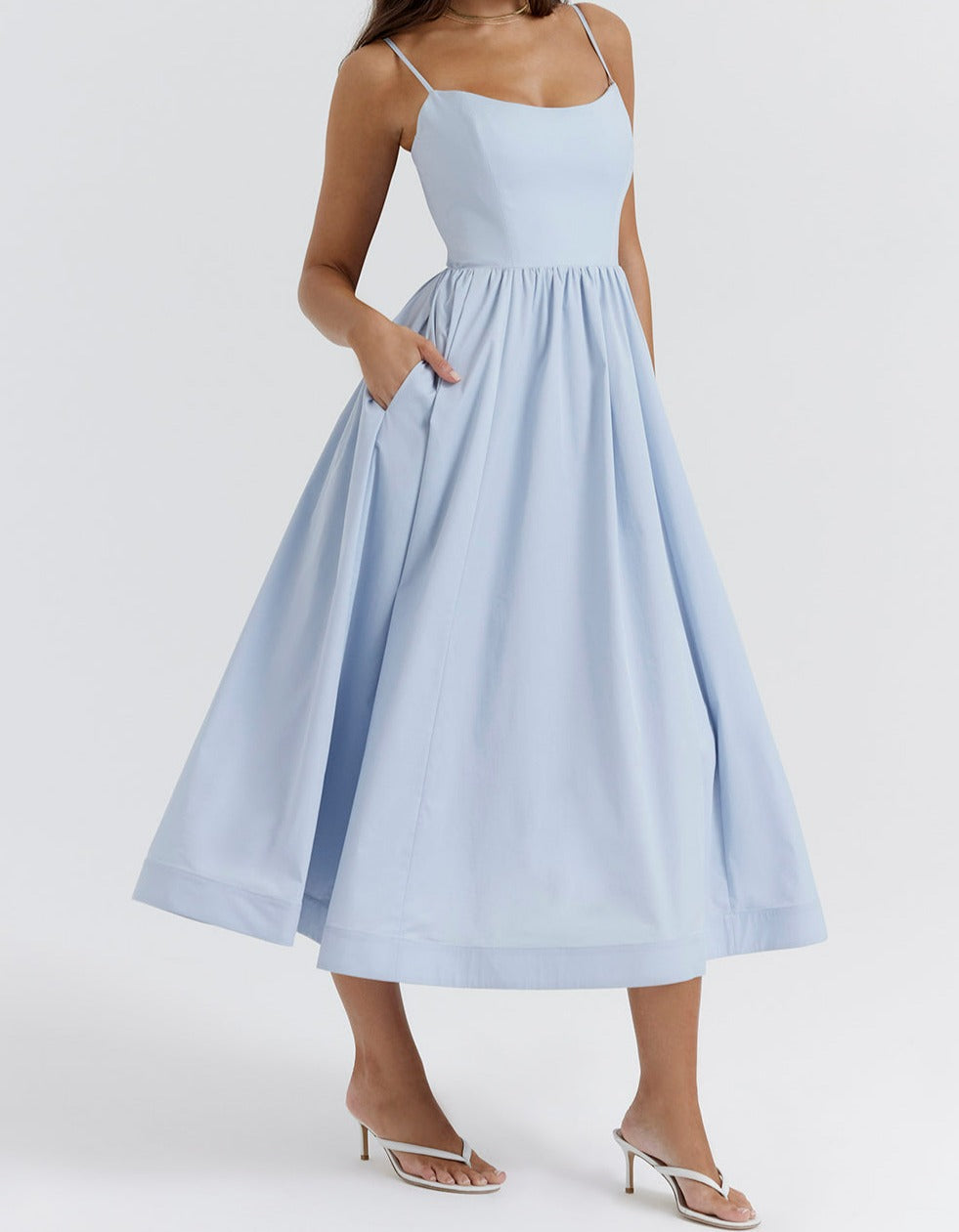 Spaghetti Strap Scoop Neck Seamed Bodice A-Line Midi Dress