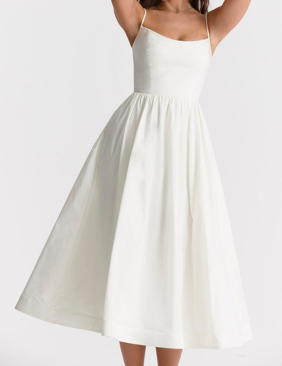 Spaghetti Strap Square Neck Gathered Waist Fit and Flare Midi Dress